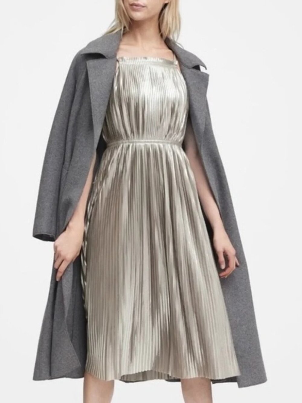 Bannana Republic Metallic Silver Pleated Midi Dress, Size 2 - Picture 1 of 9